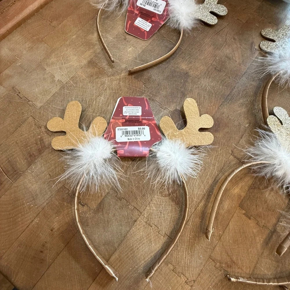 Gold Glitter Reindeer Headband White Feather Trim Christmas Holiday Set of 6